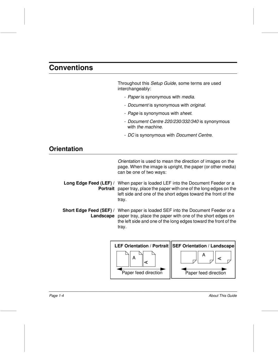 Xerox 340, 332, 220, 230 setup guide Conventions, LEF Orientation / Portrait SEF Orientation / Landscape 