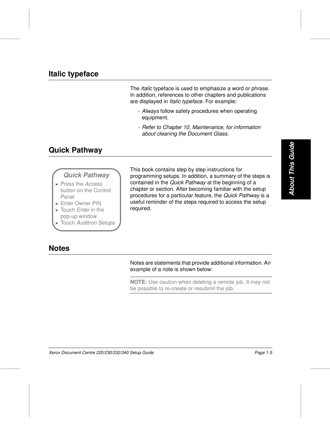 Xerox 332, 340, 220, 230 setup guide Italic typeface, Quick Pathway 