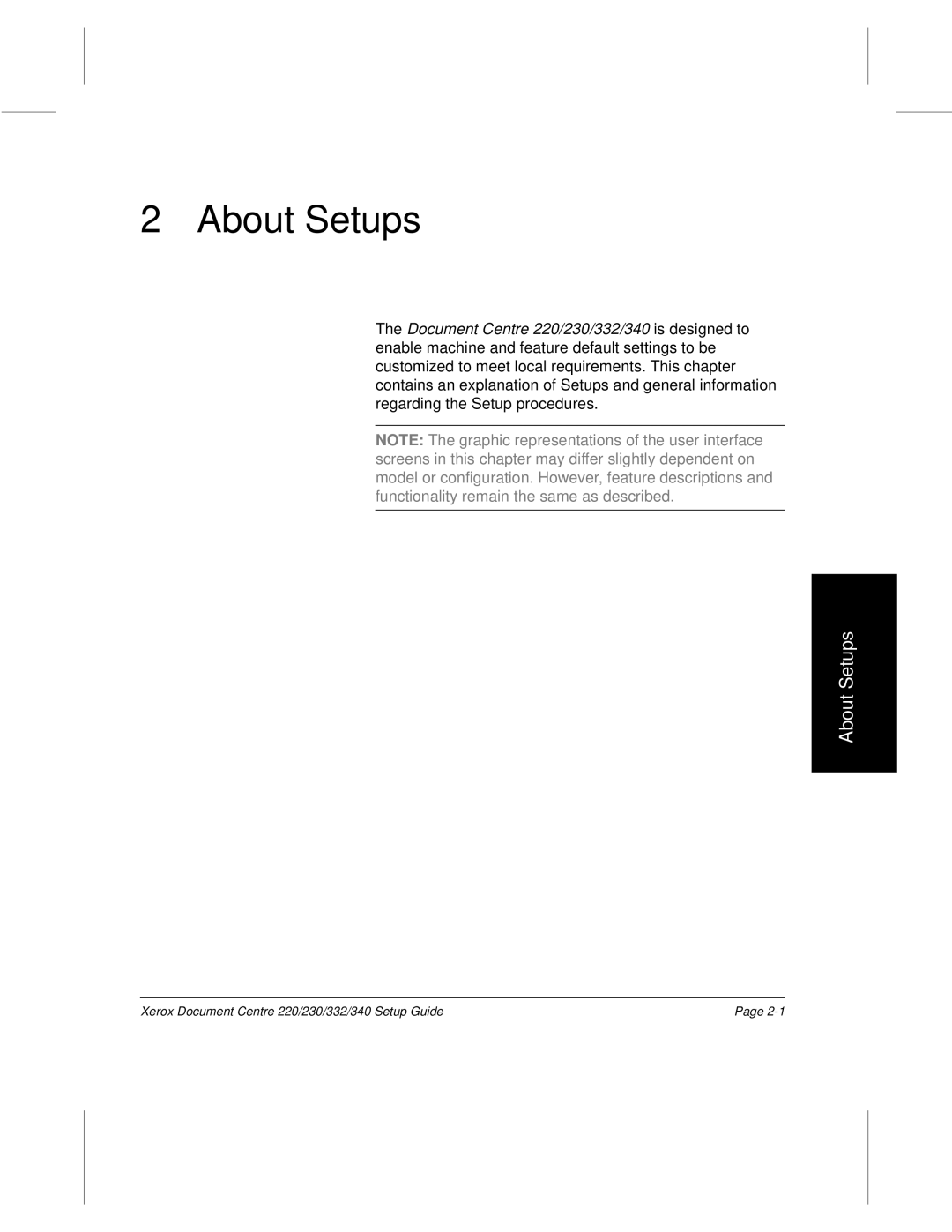 Xerox 230, 340, 332, 220 setup guide About Setups 