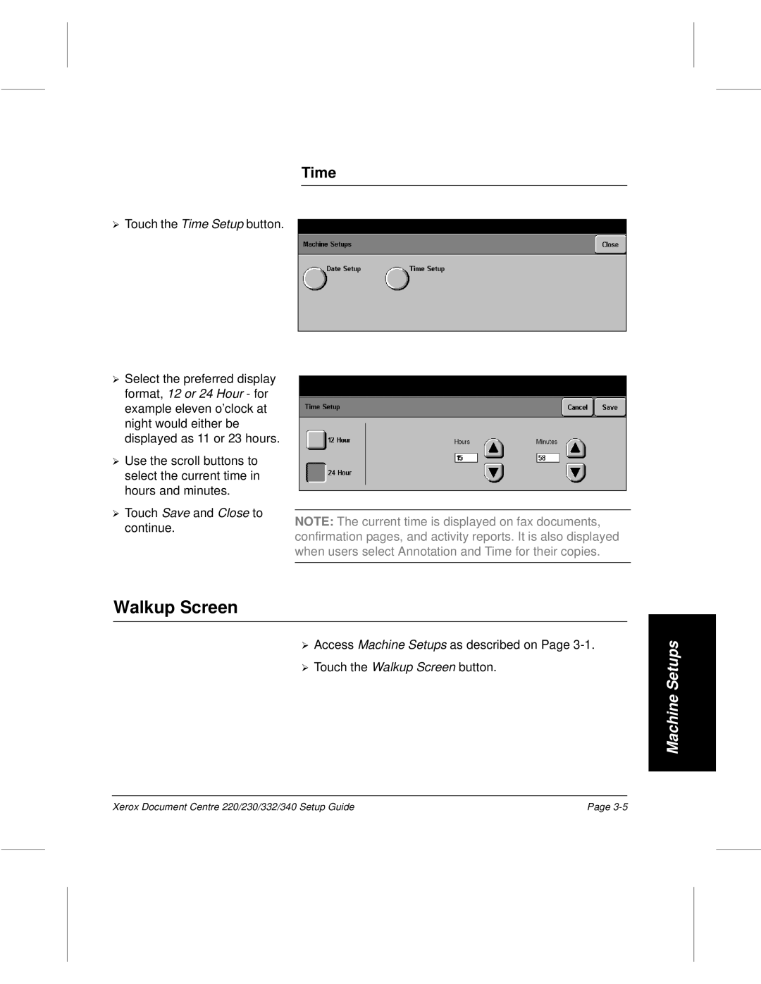 Xerox 332, 340, 220, 230 setup guide Walkup Screen, Time 