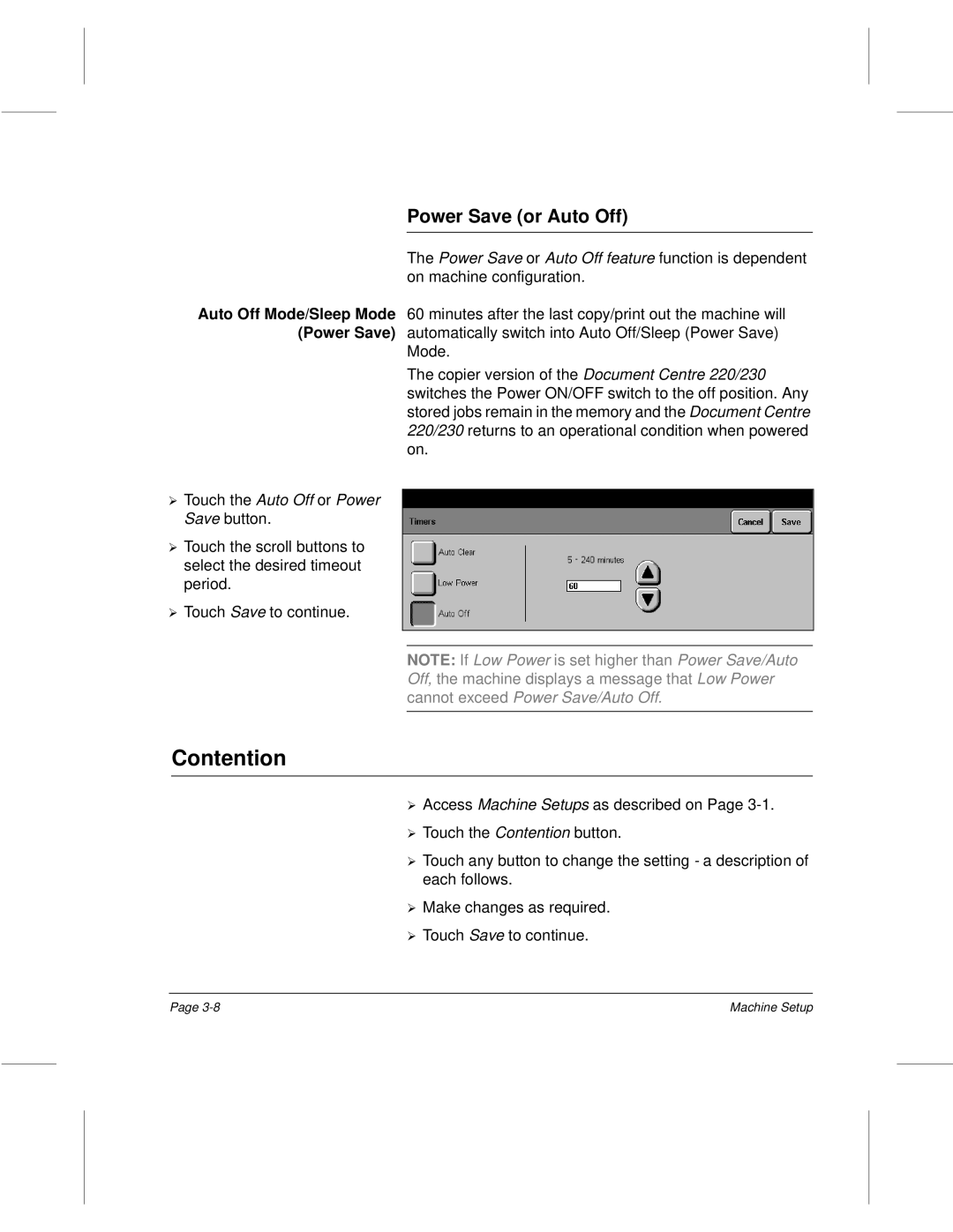 Xerox 340, 332, 220, 230 setup guide Contention, Power Save or Auto Off, Touch the Auto Off or Power 