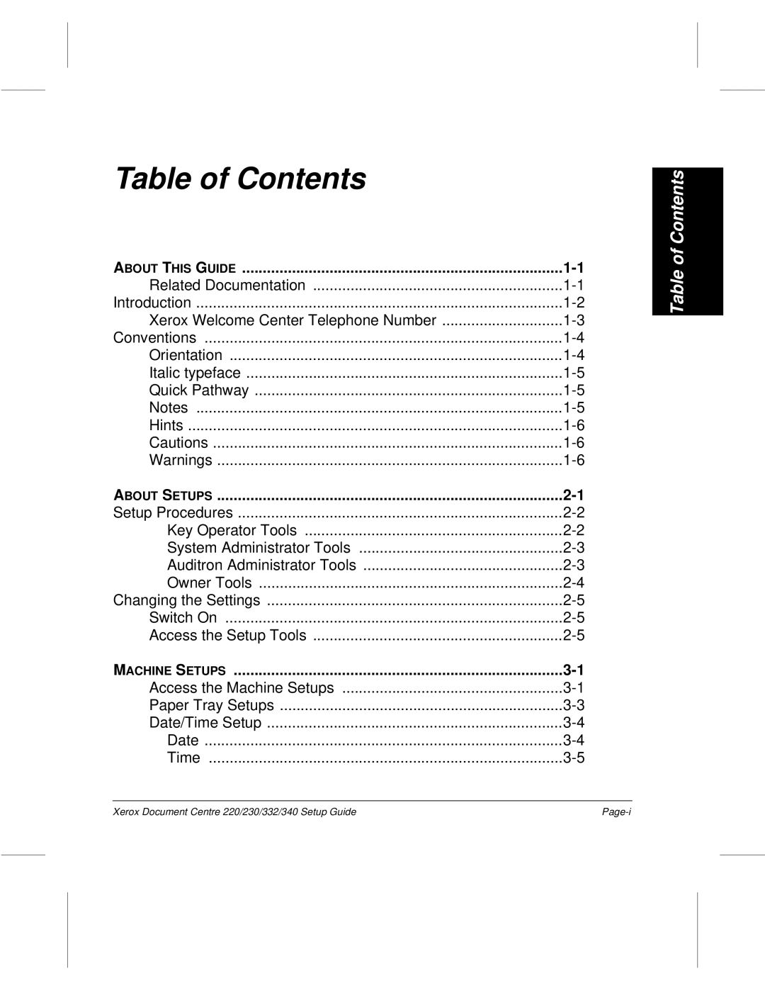 Xerox 230, 340, 332, 220 setup guide Table of Contents 