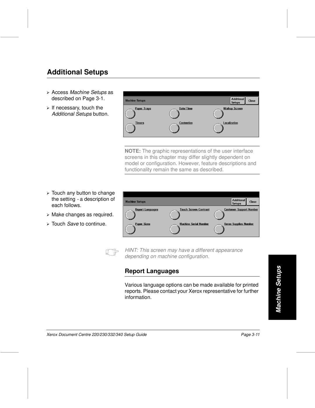 Xerox 230, 340, 332, 220 setup guide Additional Setups, Report Languages, Access Machine Setups as 