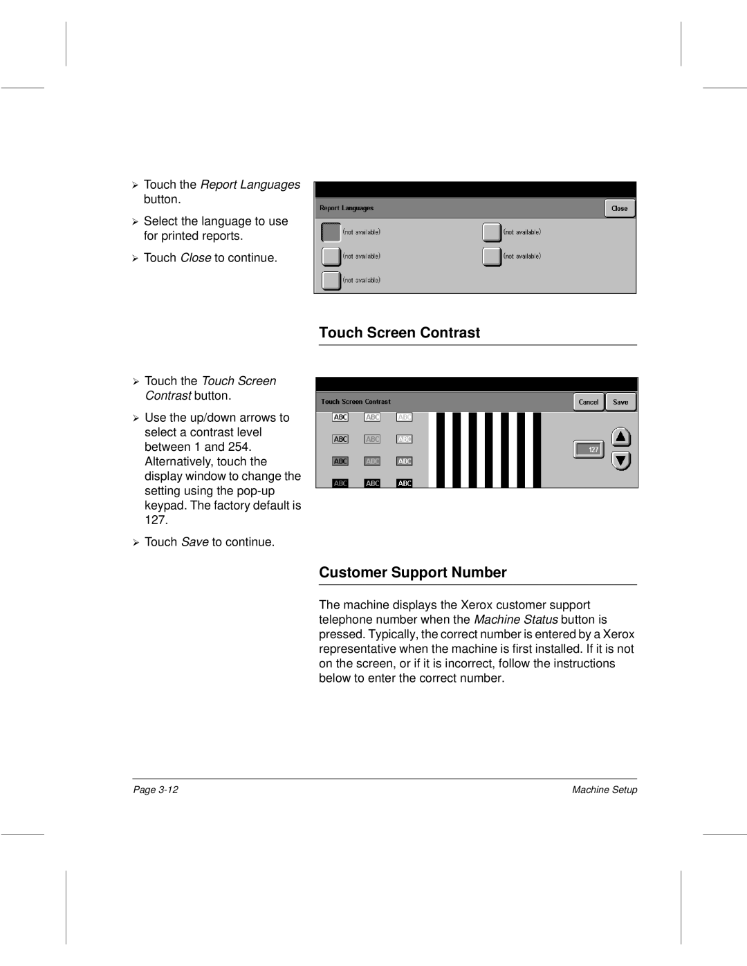 Xerox 340, 332, 220, 230 setup guide Touch Screen Contrast, Customer Support Number, Touch the Report Languages button 