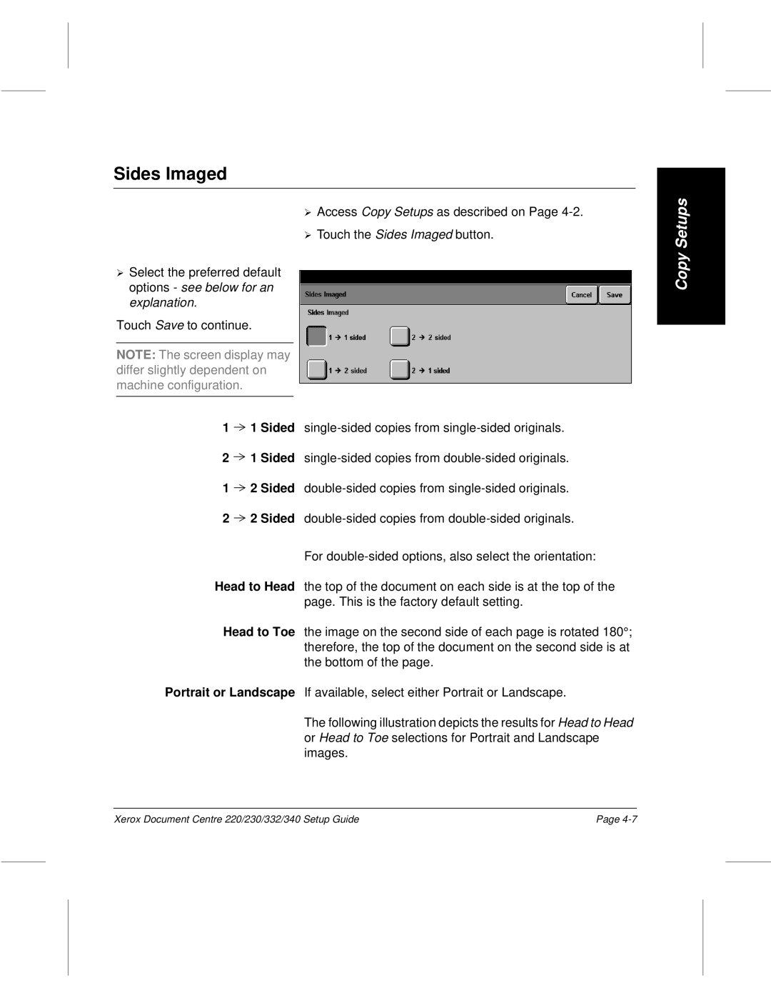 Xerox 332, 340, 220, 230 setup guide Sides Imaged, Sided Head to Head Head to Toe Portrait or Landscape 