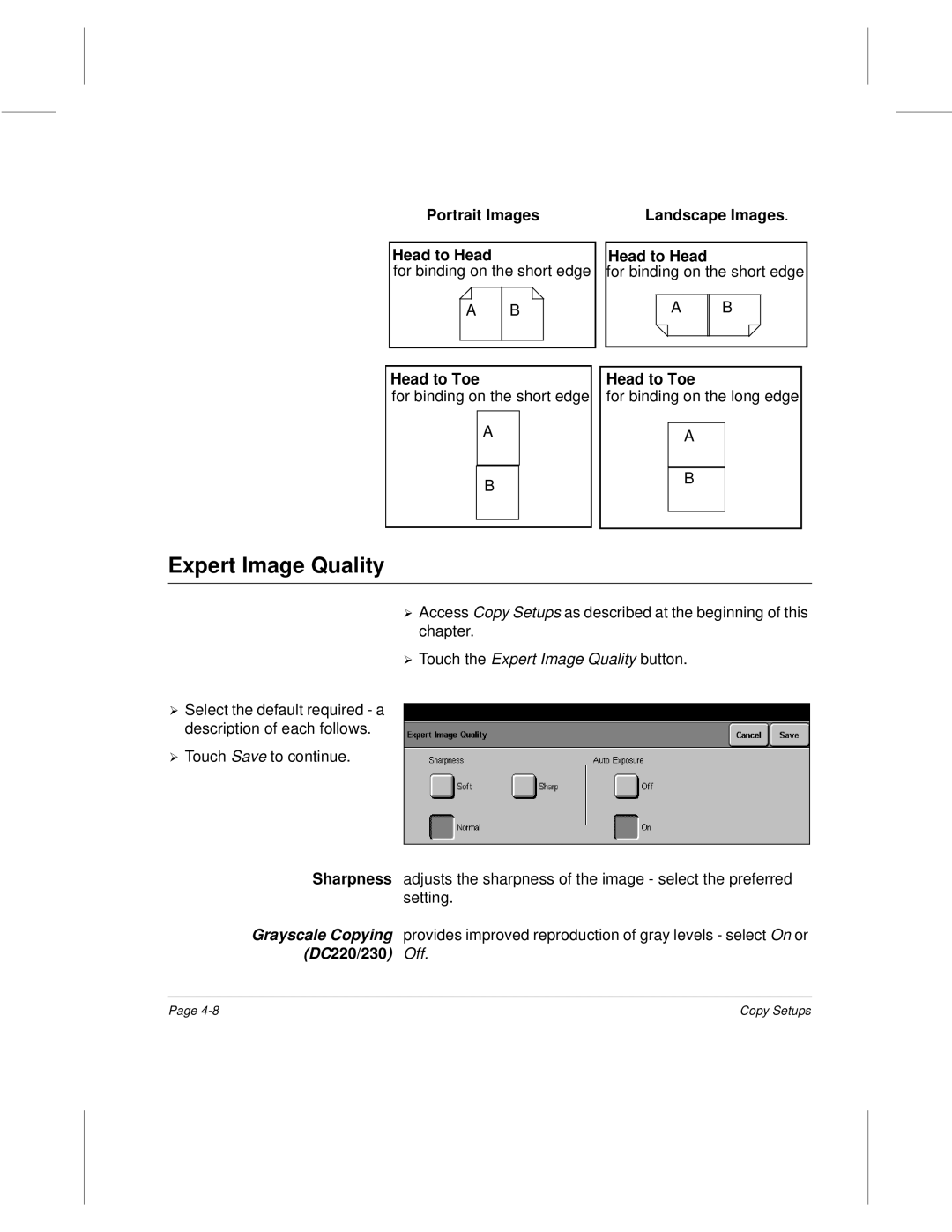 Xerox 220, 340, 332, 230 setup guide Portrait Images Landscape Images Head to Head, Touch the Expert Image Quality button 