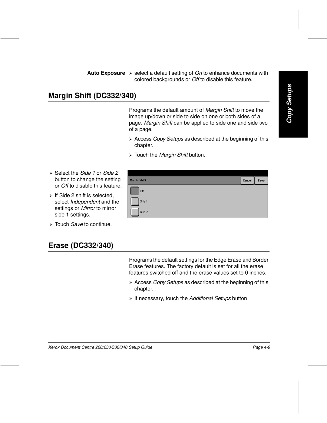 Xerox 230, 220 setup guide Margin Shift DC332/340, Erase DC332/340 