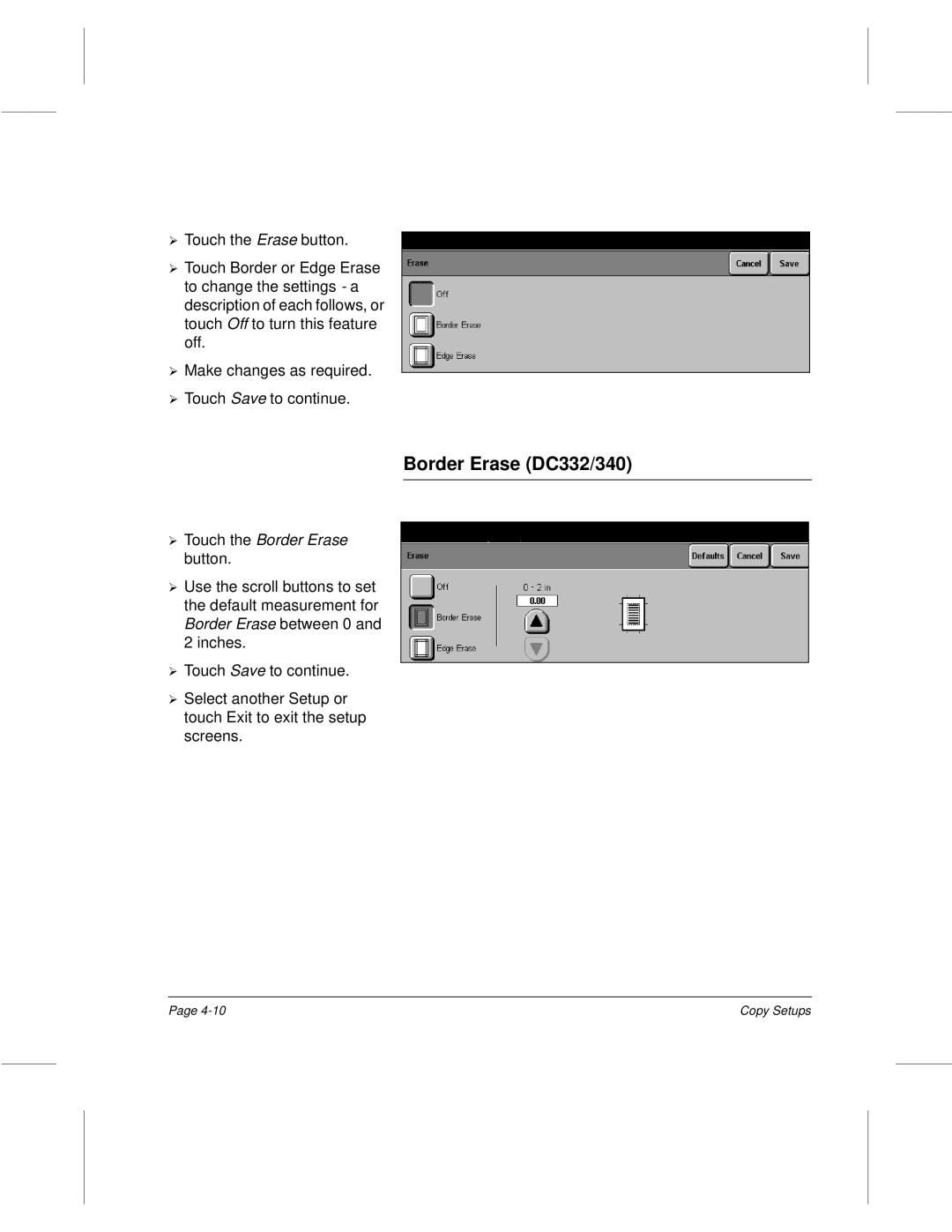 Xerox 220, 230 setup guide Border Erase DC332/340, Touch the Border Erase 