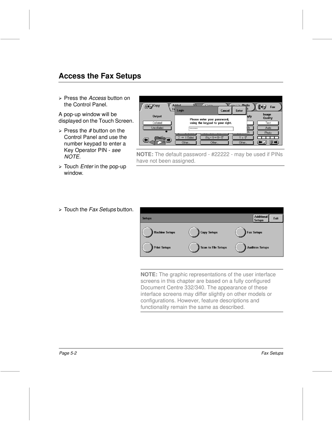 Xerox 340, 332, 220, 230 setup guide Access the Fax Setups 