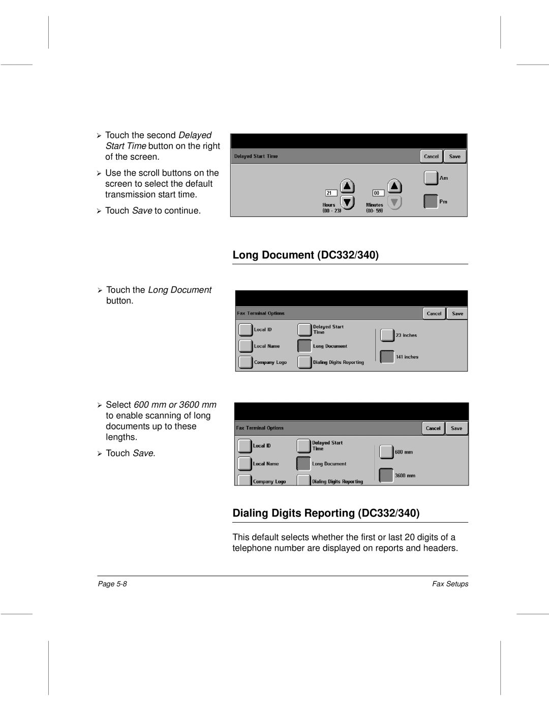 Xerox 220, 230 setup guide Long Document DC332/340, Dialing Digits Reporting DC332/340, Touch the Long Document 