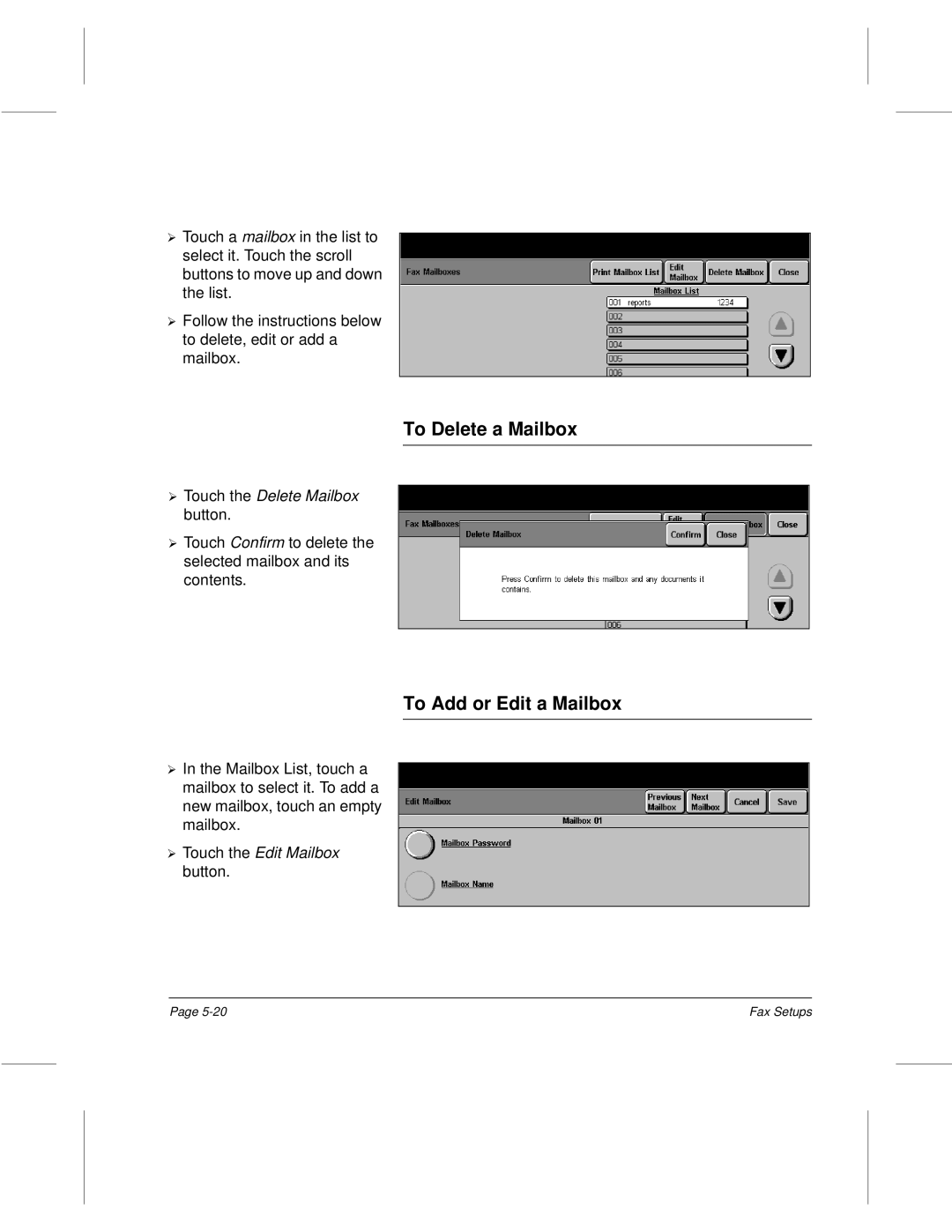 Xerox 220, 340, 332 To Delete a Mailbox, To Add or Edit a Mailbox, Touch the Delete Mailbox, Touch the Edit Mailbox button 