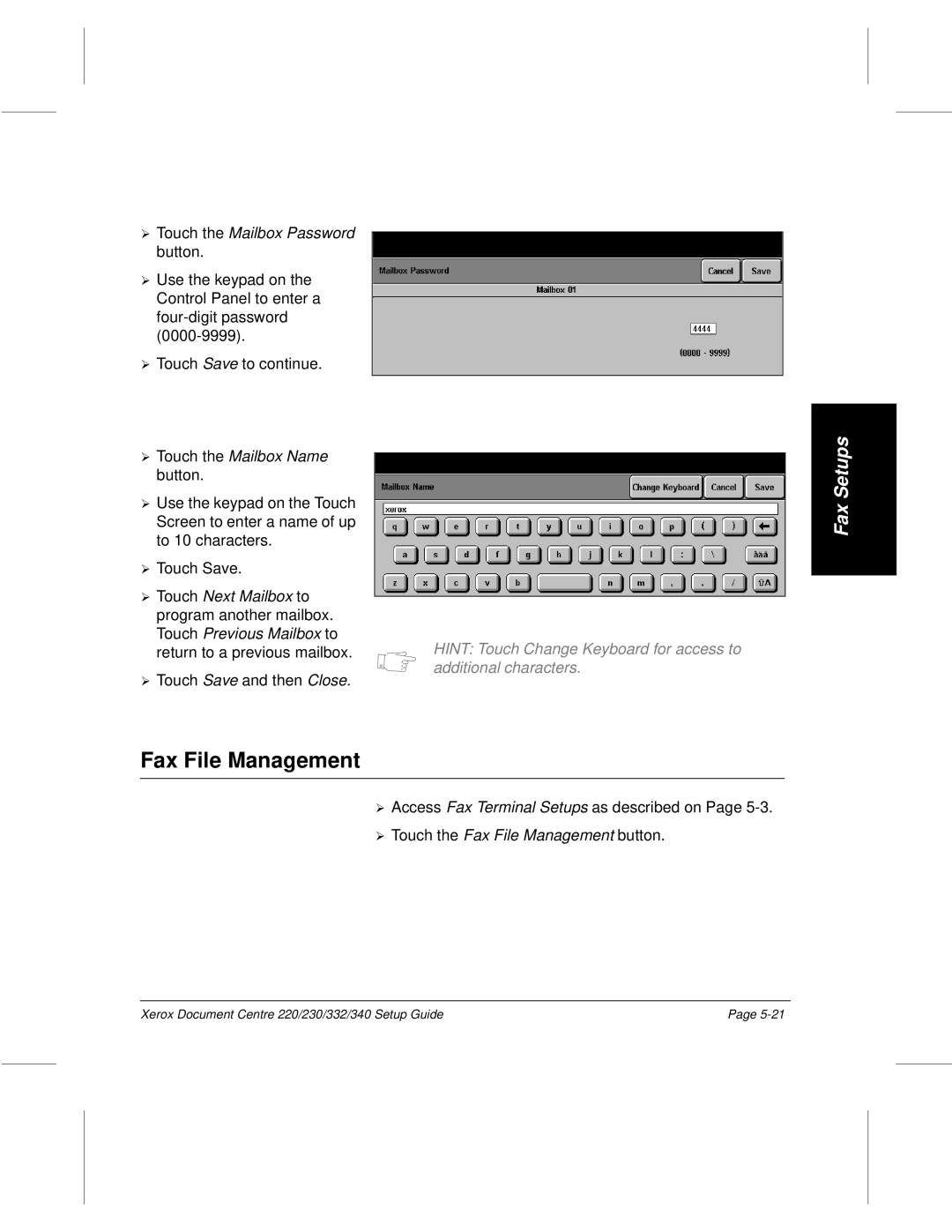 Xerox 230, 340, 332, 220 setup guide Fax File Management, Touch the Mailbox Password, Touch the Mailbox Name 