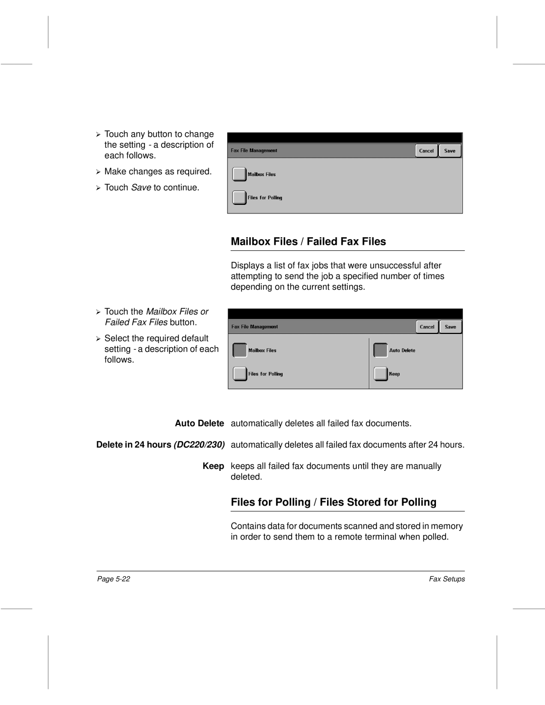 Xerox 340, 332, 220, 230 setup guide Mailbox Files / Failed Fax Files, Files for Polling / Files Stored for Polling 