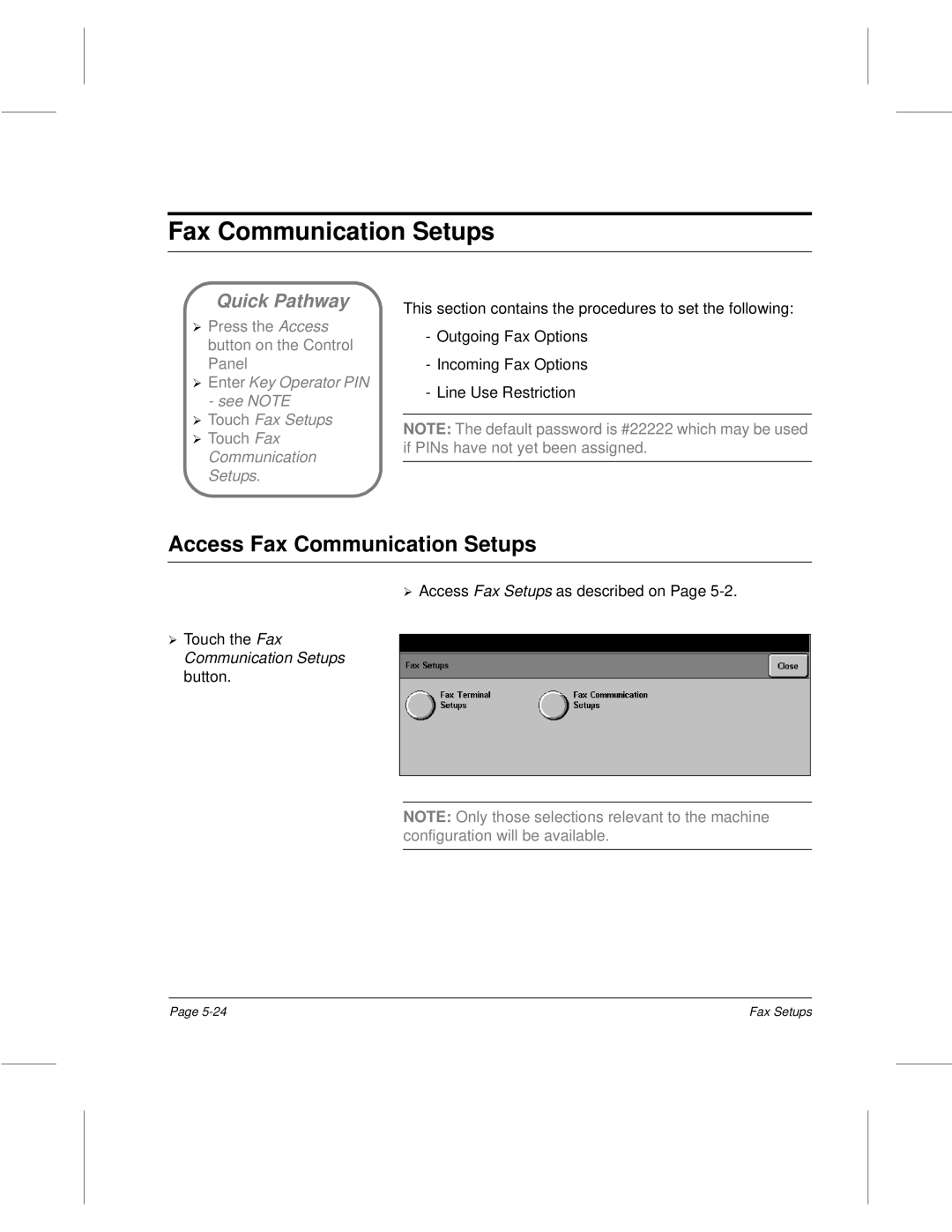 Xerox 220, 340, 332, 230 setup guide Fax Communication Setups, Access Fax Communication¿ Setups 