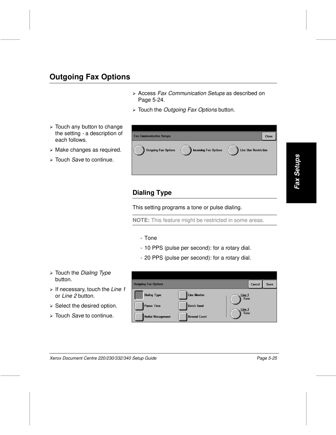 Xerox 230, 340, 332, 220 setup guide Outgoing Fax Options, Touch the Dialing Type button 