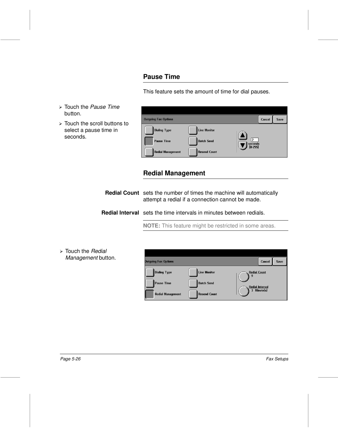 Xerox 340, 332, 220, 230 setup guide Pause Time, Redial Management 