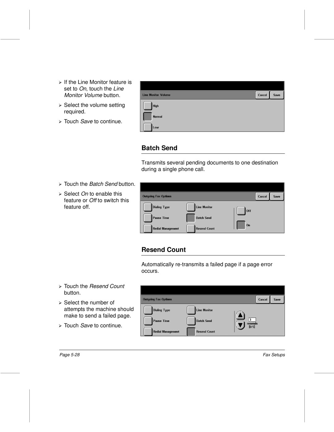 Xerox 220, 340, 332, 230 setup guide Batch Send, Touch the Resend Count 