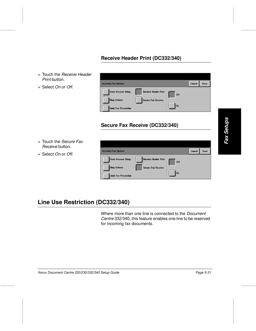 Xerox 220, 230 setup guide Line Use Restriction DC332/340, Receive Header Print DC332/340, Secure Fax Receive DC332/340 