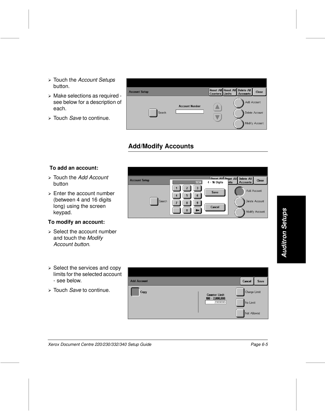 Xerox 230, 340, 332, 220 setup guide Add/Modify Accounts, To add an account, ¿To modify an account 