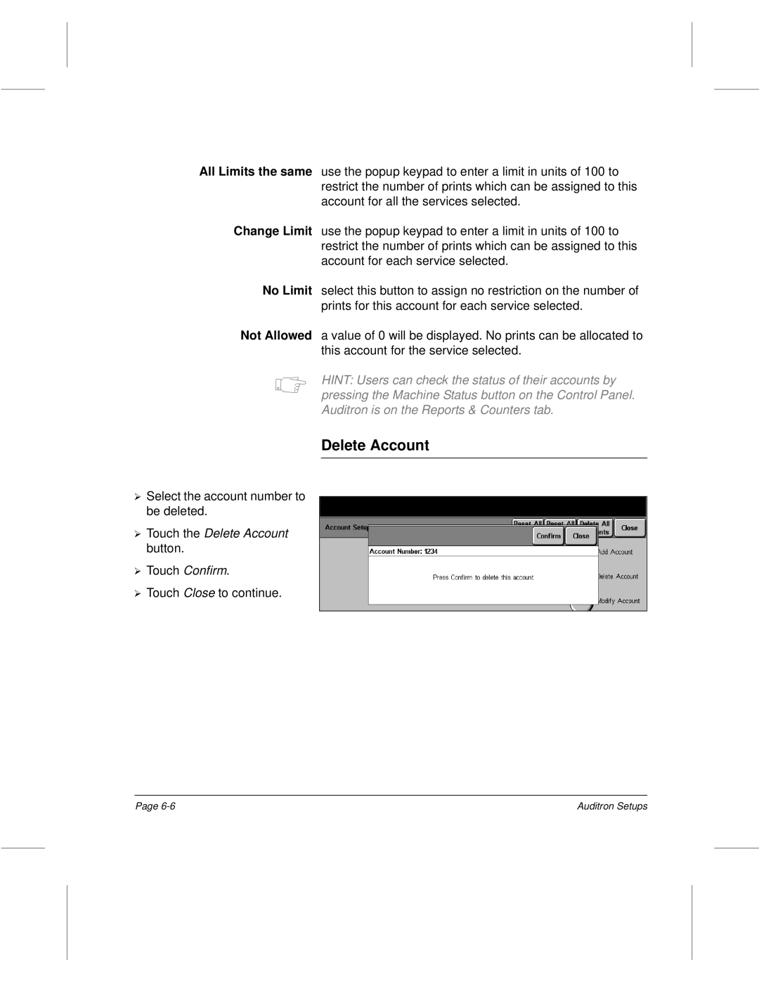 Xerox 340, 332, 220, 230 setup guide Touch the Delete Account button 