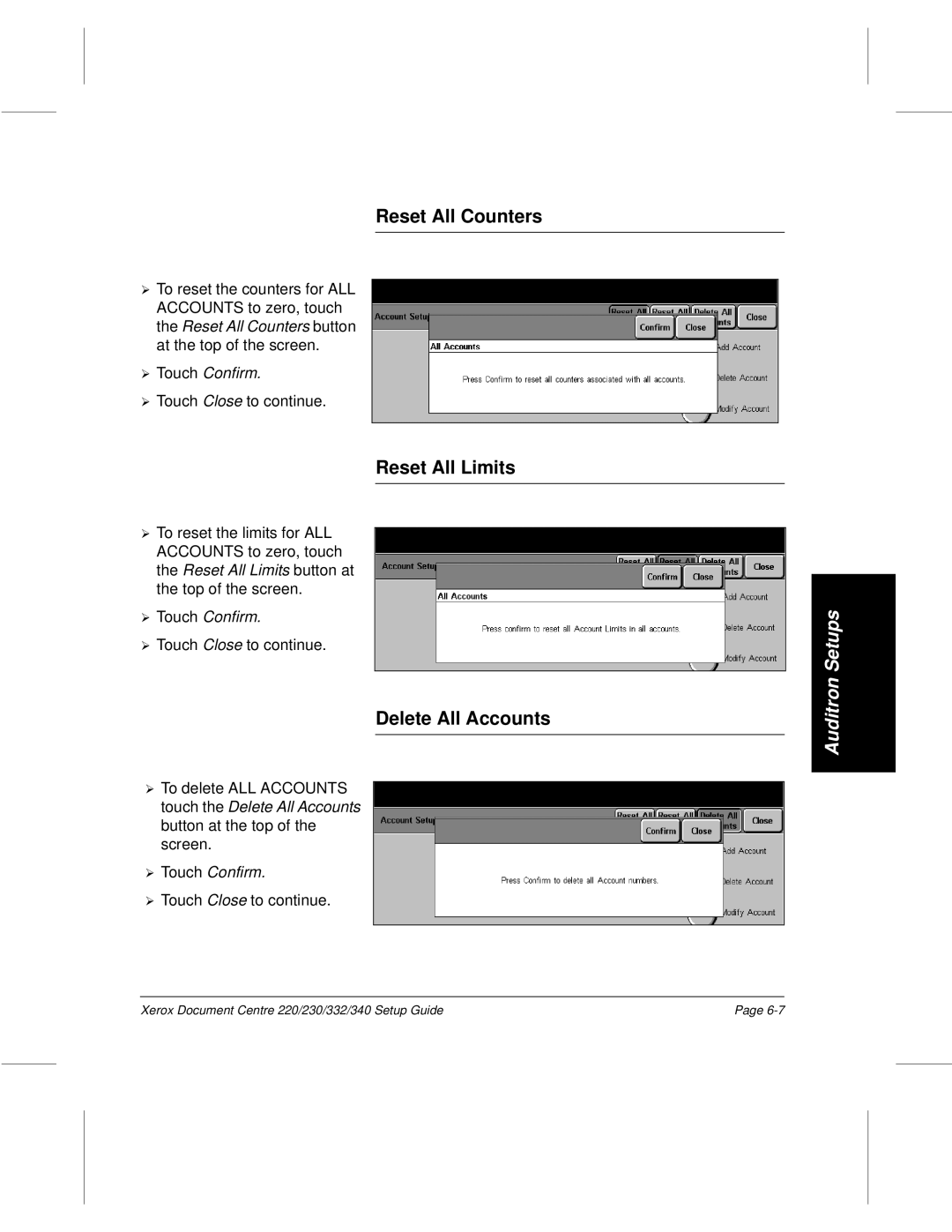 Xerox 332, 340, 220, 230 setup guide Reset All Counters, Reset All Limits, Delete All Accounts, ¿ Touch Confirm 