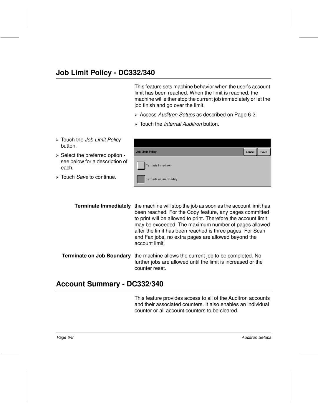 Xerox 220, 230 setup guide Job Limit Policy DC332/340, Account Summary DC332/340, Touch the Job Limit Policy 