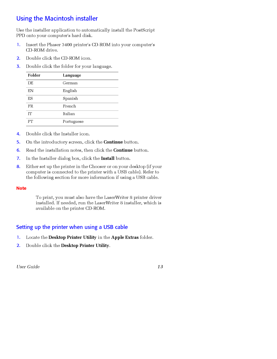 Xerox 3400 manual Using the Macintosh installer, Setting up the printer when using a USB cable 