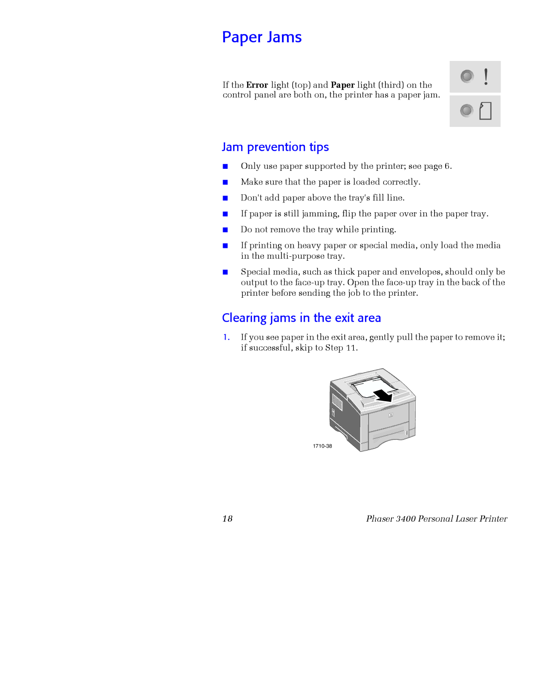 Xerox 3400 manual Paper Jams, Jam prevention tips, Clearing jams in the exit area 