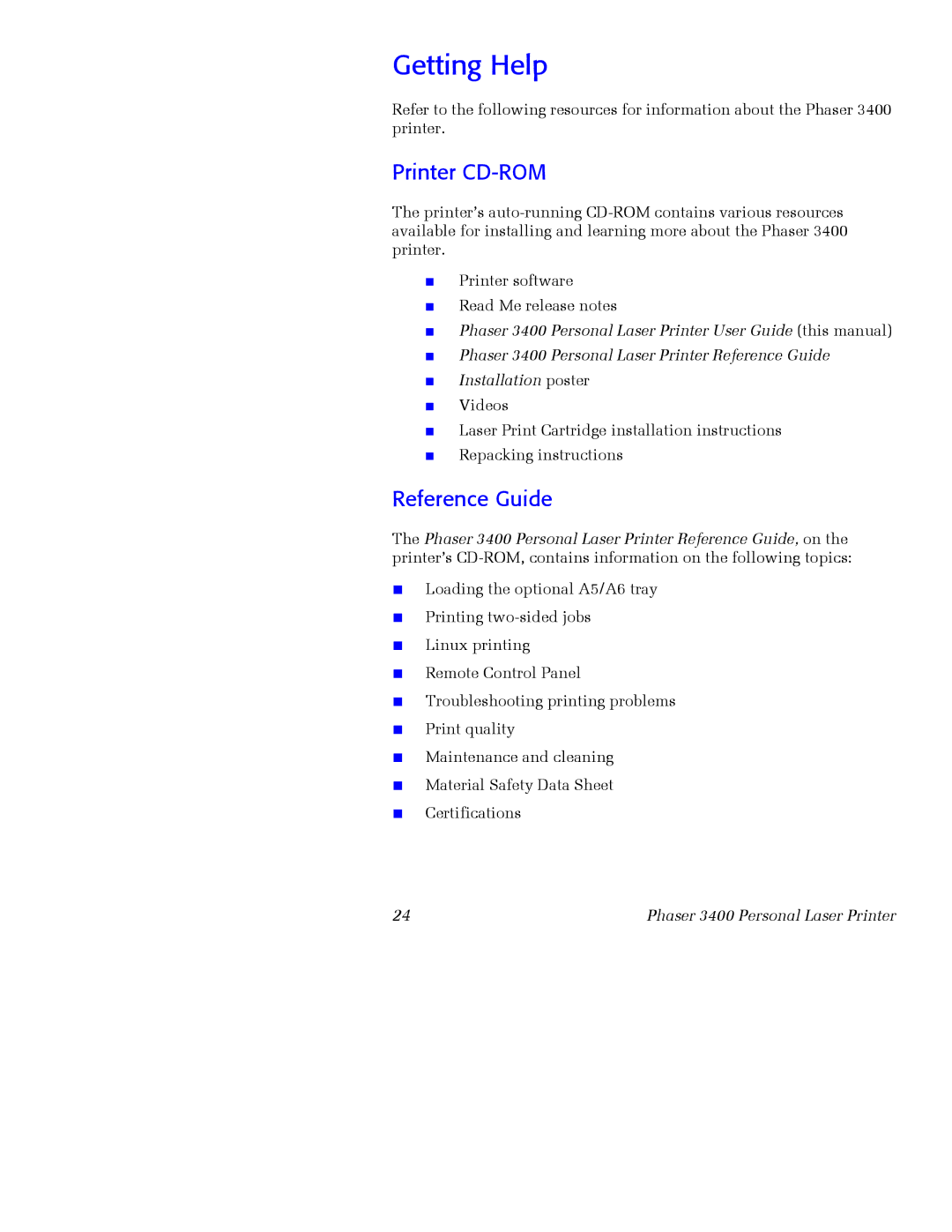 Xerox 3400 manual Getting Help, Printer CD-ROM, Reference Guide 