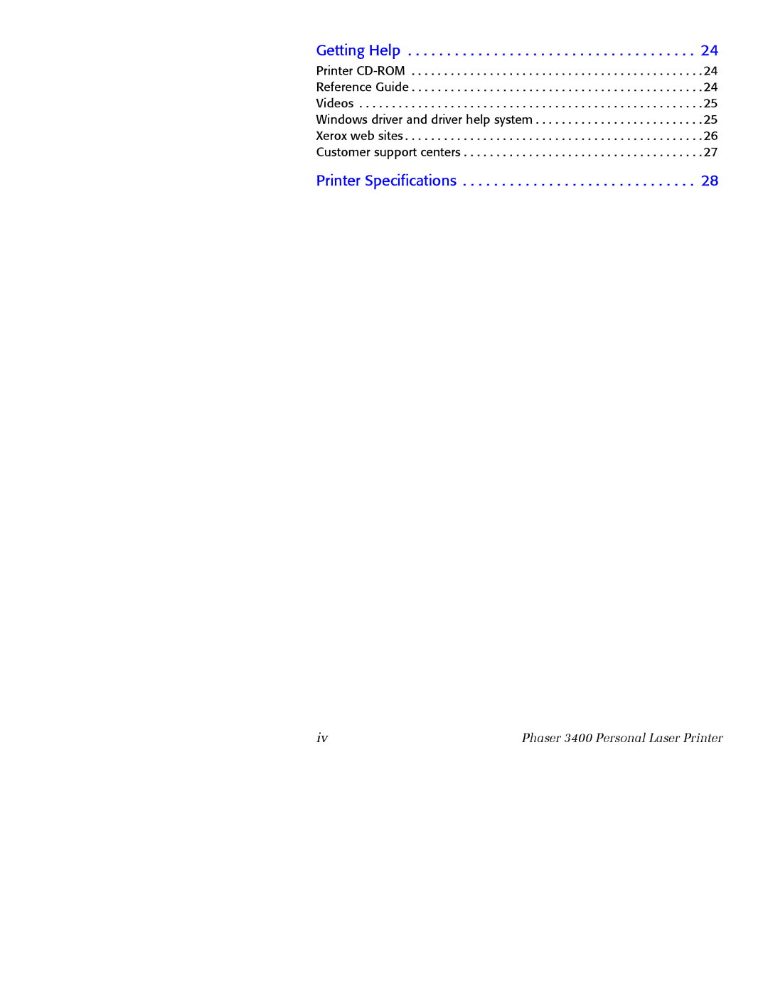 Xerox 3400 manual Getting Help, Printer Specifications 