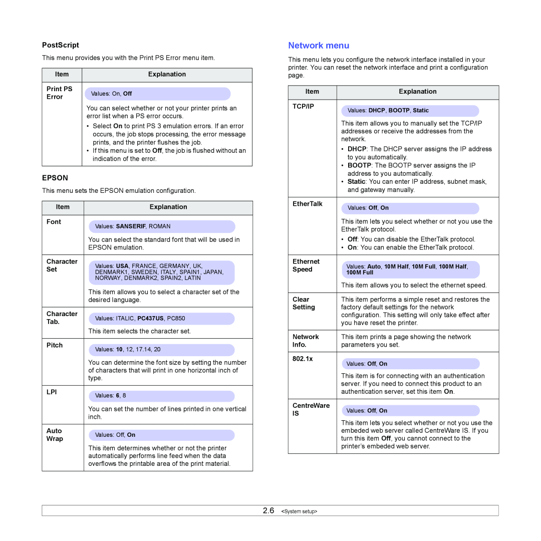 Xerox 3435DN manual Network menu, PostScript, Epson 
