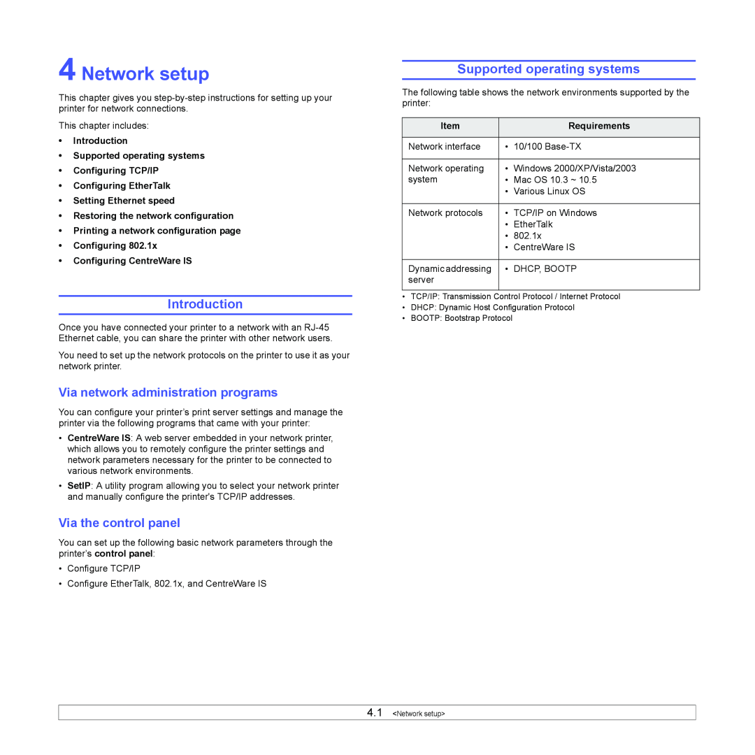 Xerox 3435DN manual Network setup, Introduction, Supported operating systems, Via network administration programs 
