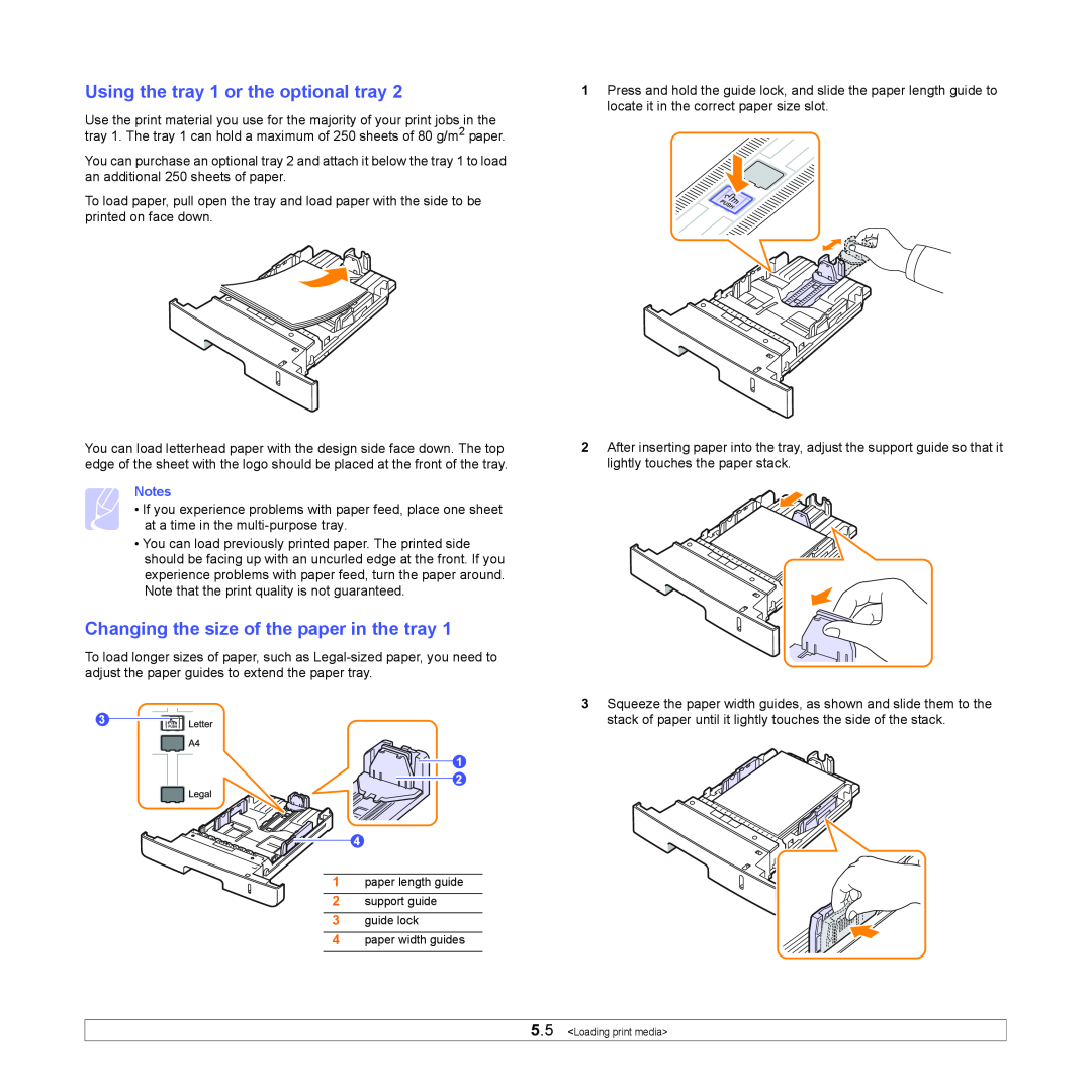 Xerox 3435DN manual Using the tray 1 or the optional tray, Changing the size of the paper in the tray, paper width guides 