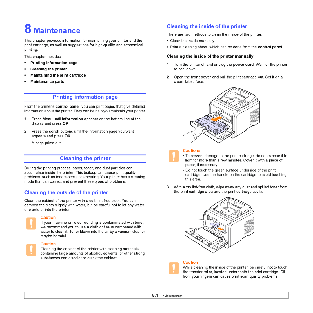 Xerox 3435DN Maintenance, Printing information page, Cleaning the printer, Cleaning the outside of the printer, Cautions 