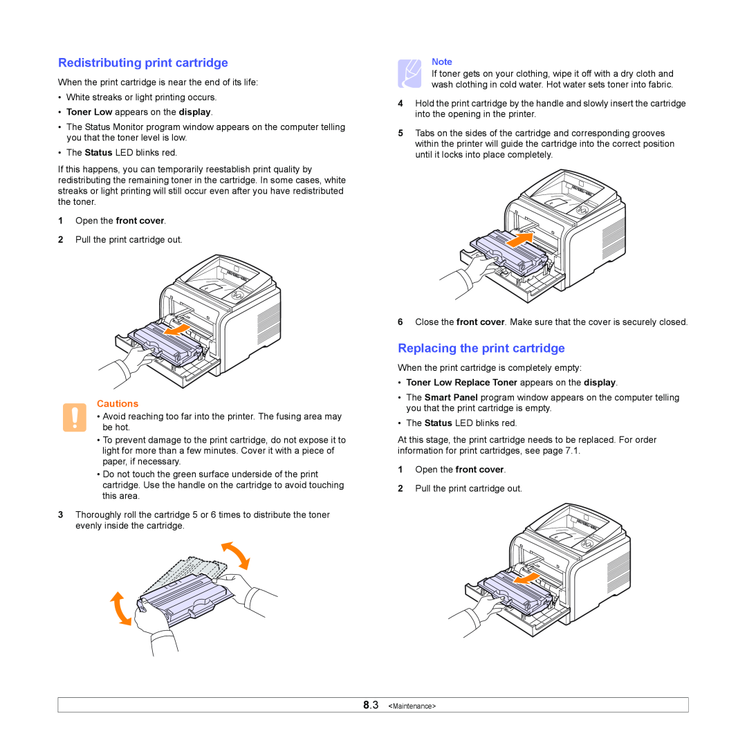 Xerox 3435DN manual Redistributing print cartridge, Replacing the print cartridge, Cautions, Maintenance 