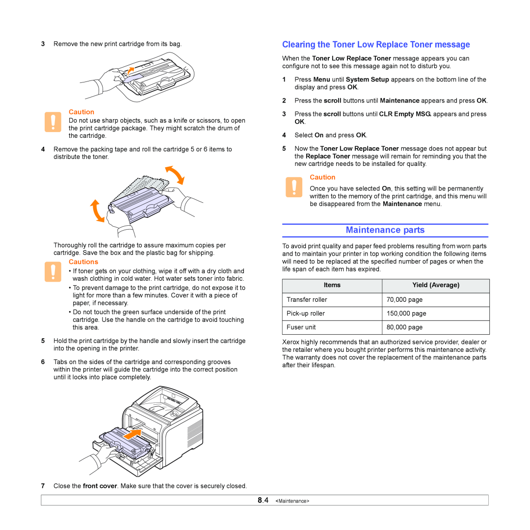 Xerox 3435DN manual Maintenance parts, Clearing the Toner Low Replace Toner message, Cautions 