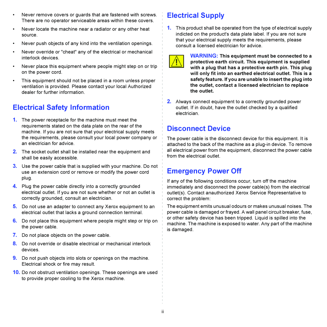 Xerox 3435DN manual Electrical Safety Information, Electrical Supply, Disconnect Device, Emergency Power Off 