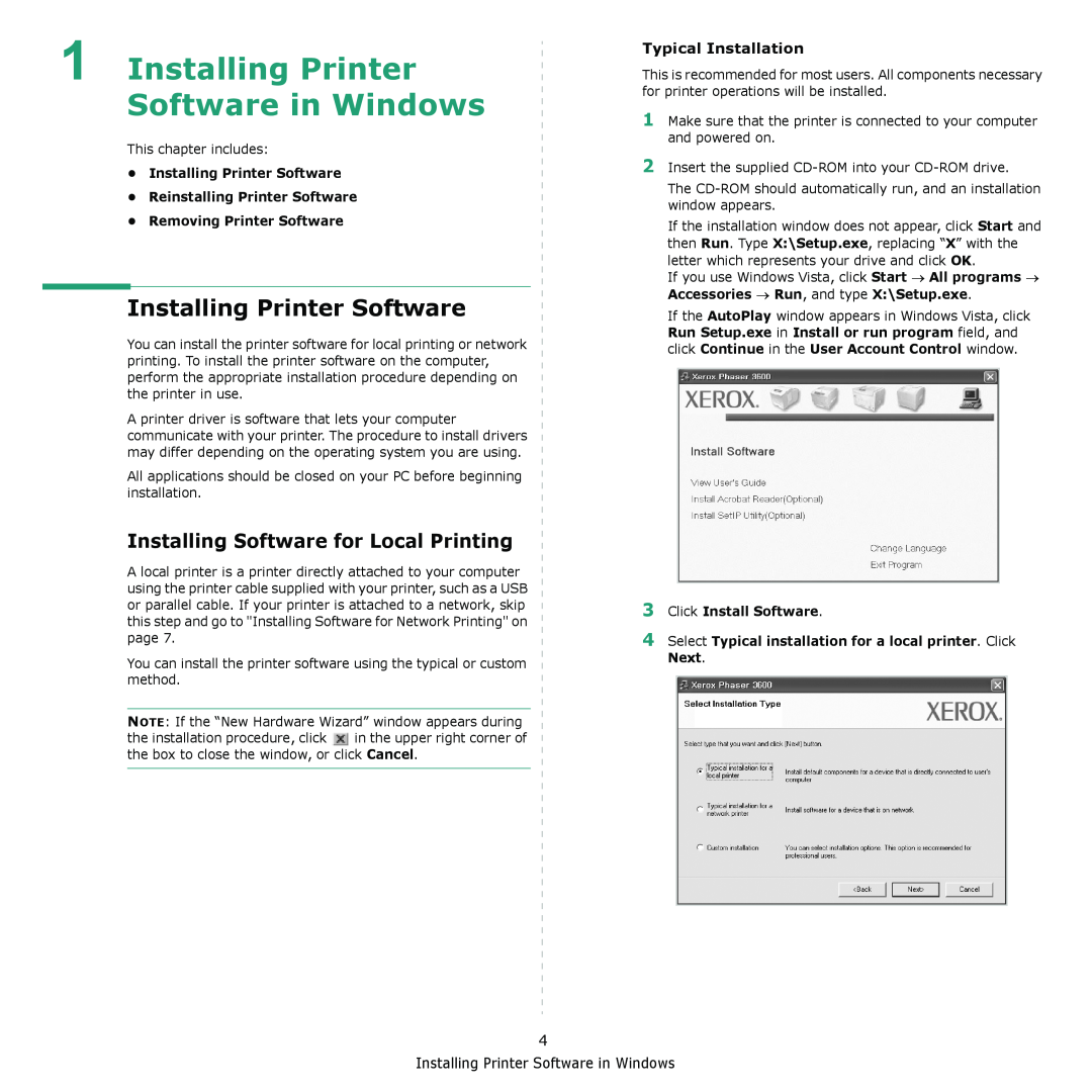 Xerox 3435DN manual Installing Printer Software in Windows, Installing Software for Local Printing, Typical Installation 