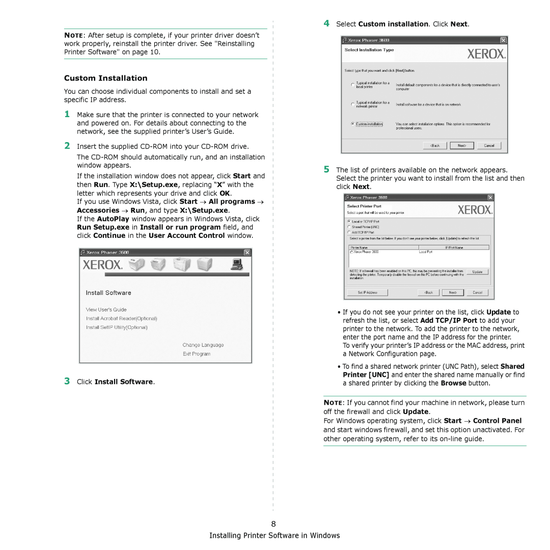 Xerox 3435DN manual Custom Installation, Installing Printer Software in Windows, Click Install Software 
