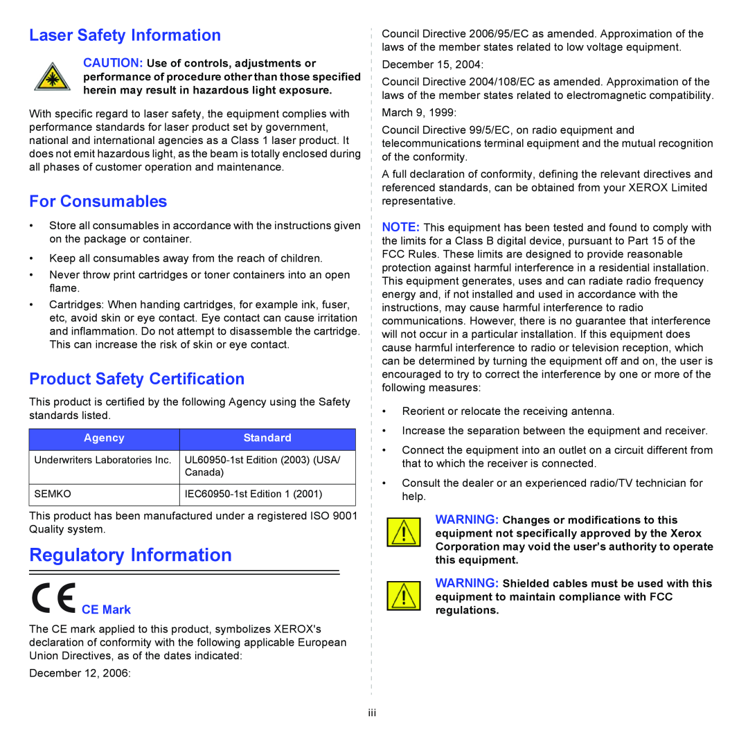 Xerox 3435 manual Regulatory Information, Laser Safety Information, For Consumables, Product Safety Certification, CE Mark 