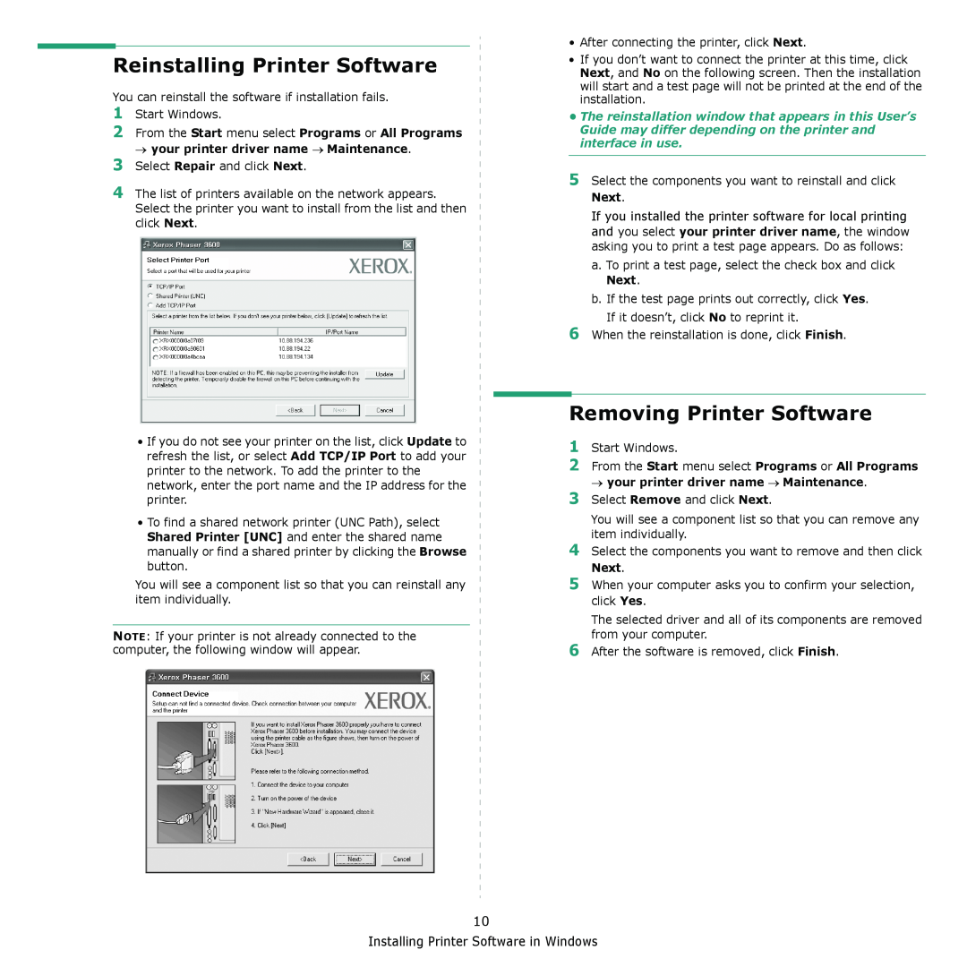Xerox 3435DN manual Reinstalling Printer Software, Removing Printer Software 