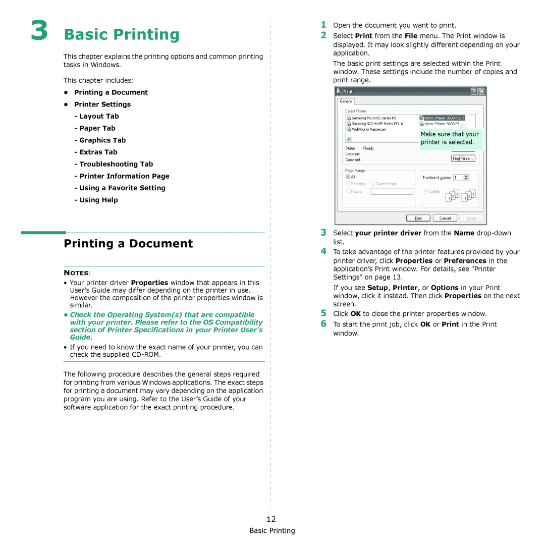 Xerox 3435DN manual Basic Printing, Printing a Document Printer Settings Layout Tab Paper Tab 