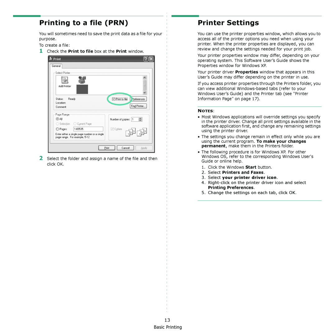 Xerox 3435DN manual Printing to a file PRN, Printer Settings, Basic Printing 