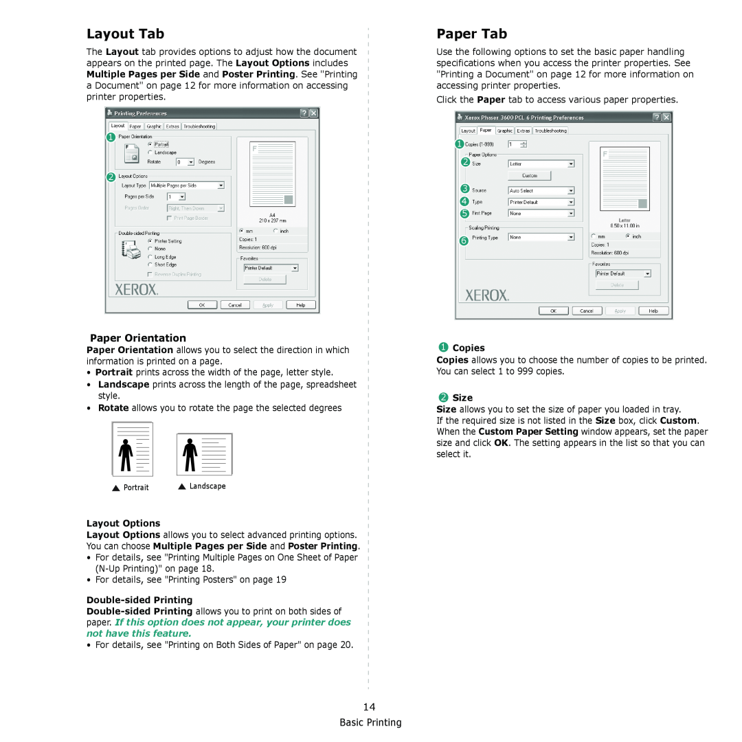 Xerox 3435DN manual Layout Tab, Paper Tab, Paper Orientation, Layout Options, Double-sided Printing, Copies, Size 