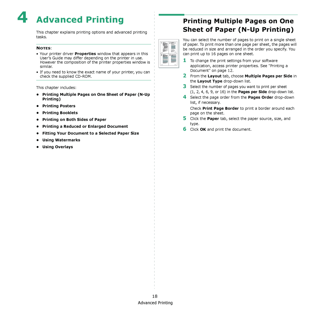 Xerox 3435DN manual Advanced Printing, Printing Multiple Pages on One Sheet of Paper N-Up Printing, Using Overlays 