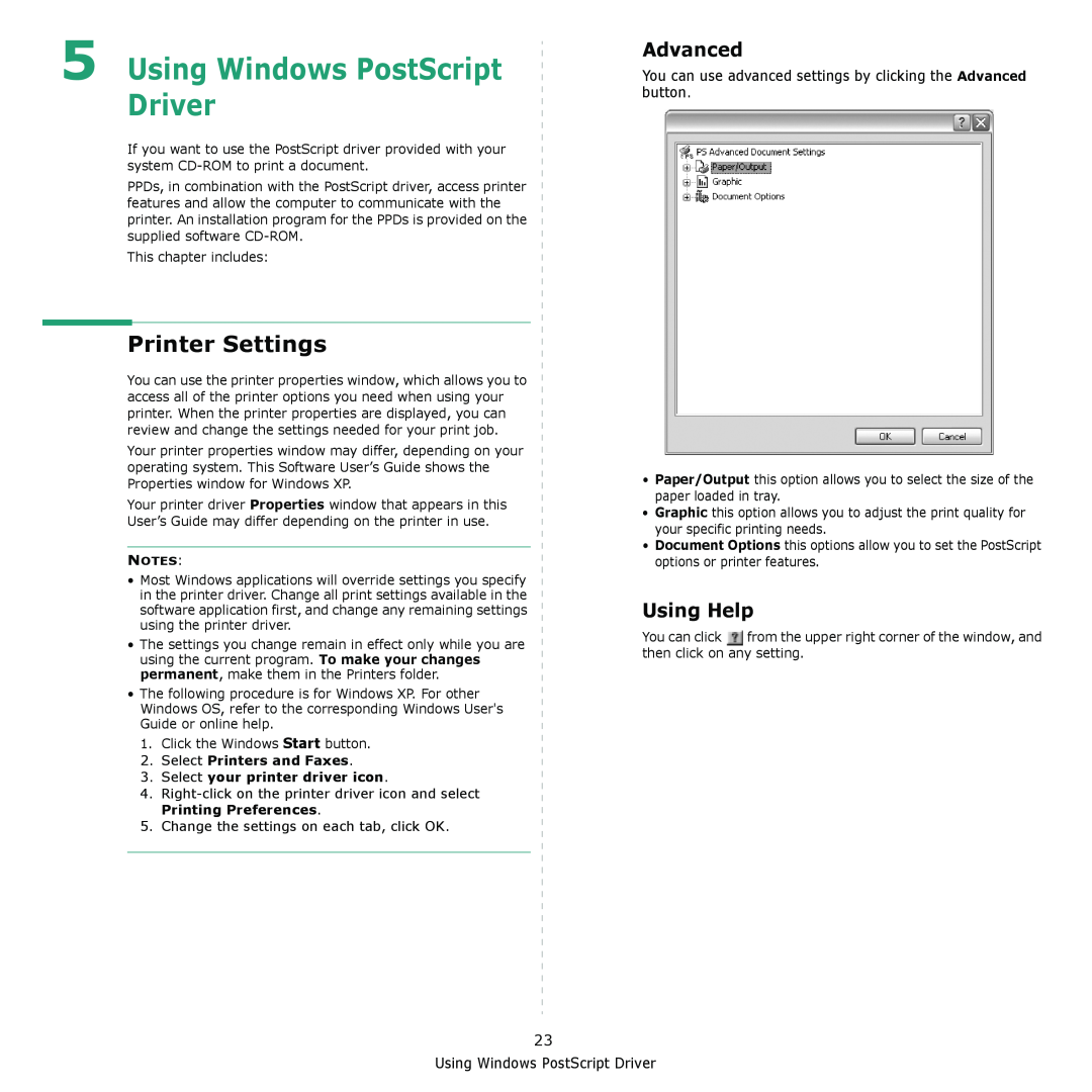 Xerox 3435DN manual Using Windows PostScript Driver, Advanced, Printer Settings, Using Help 
