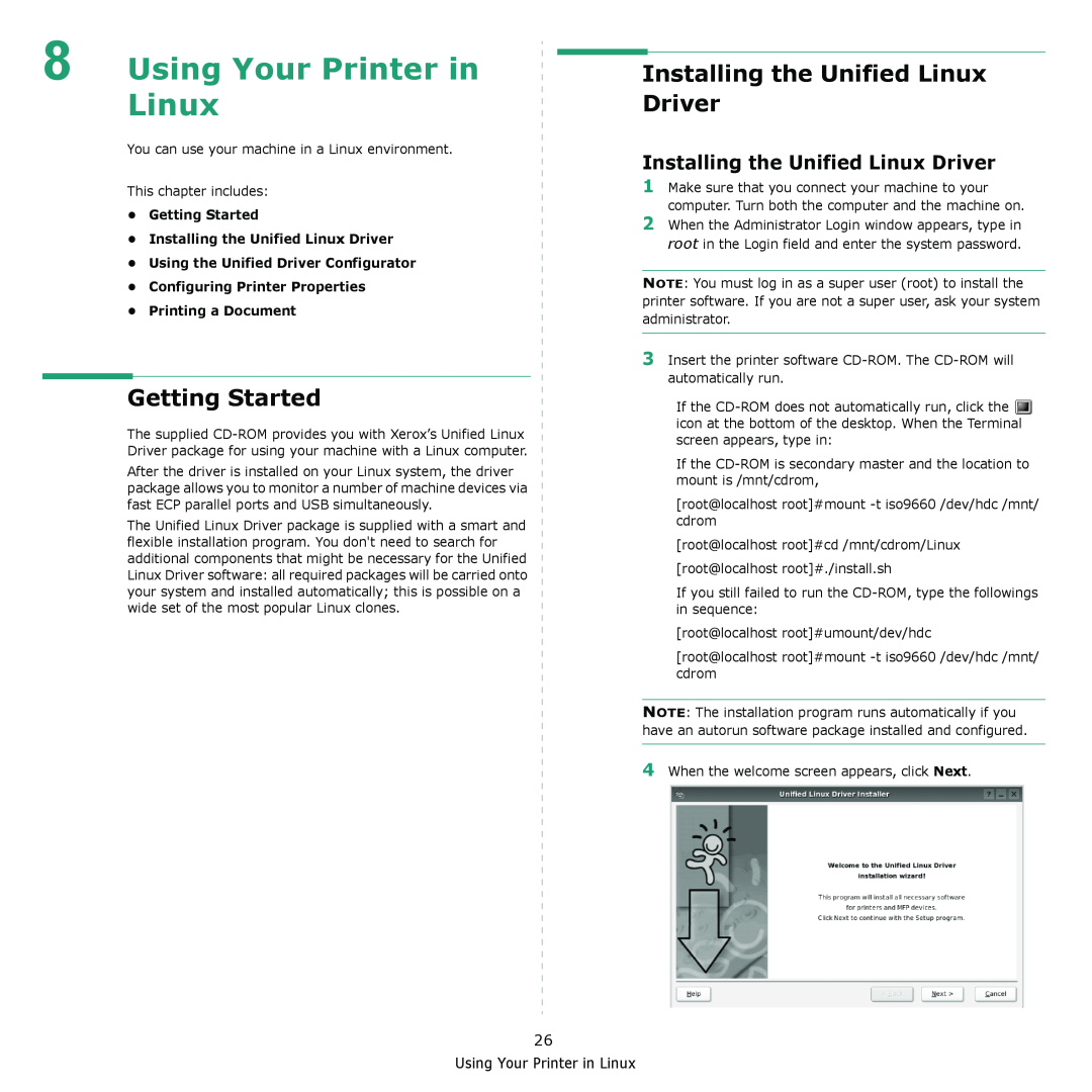 Xerox 3435DN Using Your Printer in Linux, Getting Started, Installing the Unified Linux Driver, Printing a Document 