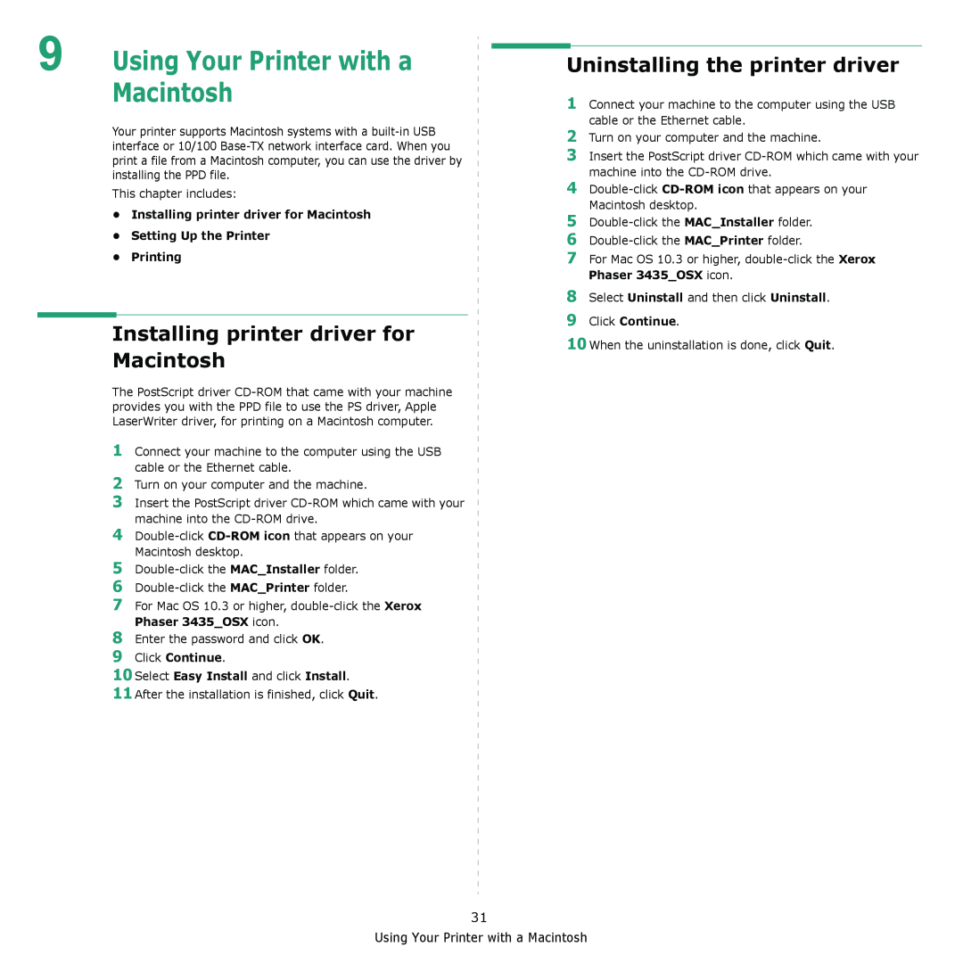 Xerox 3435DN Using Your Printer with a Macintosh, Installing printer driver for Macintosh, Uninstalling the printer driver 