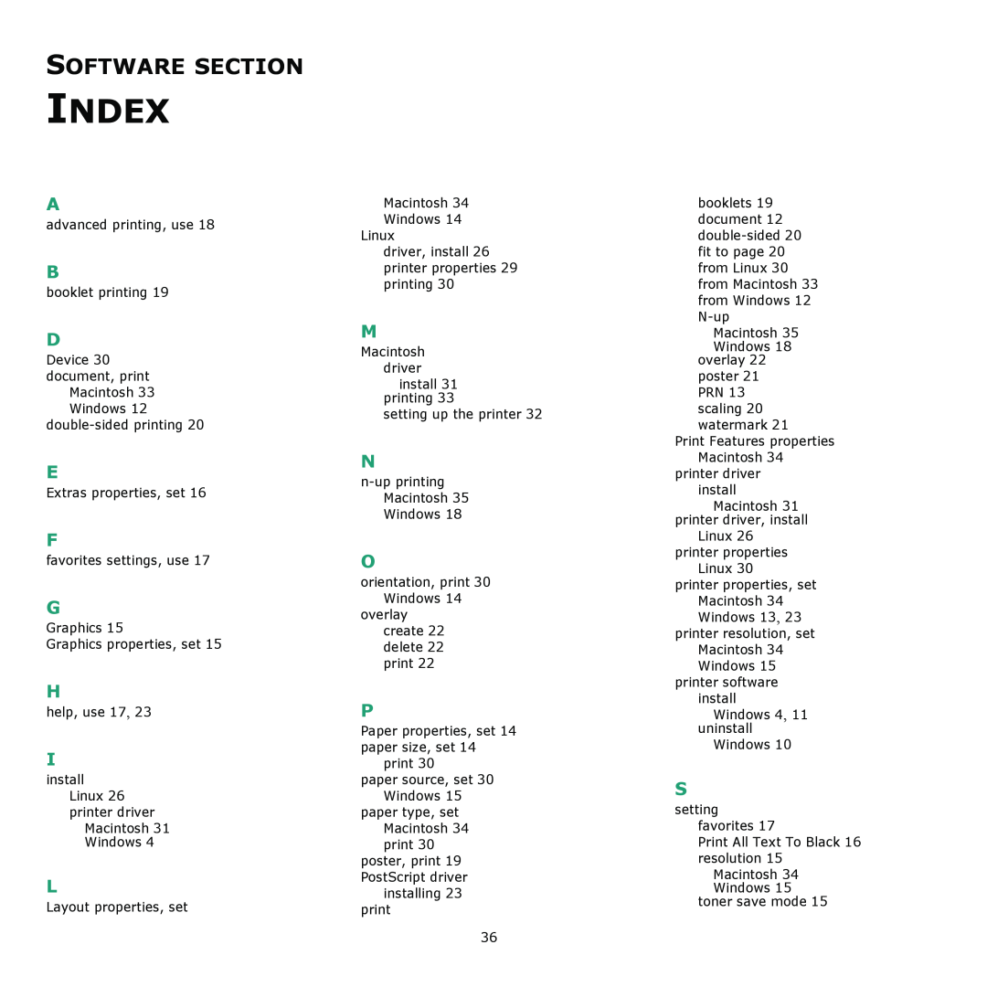 Xerox 3435DN manual Index, Software Section 