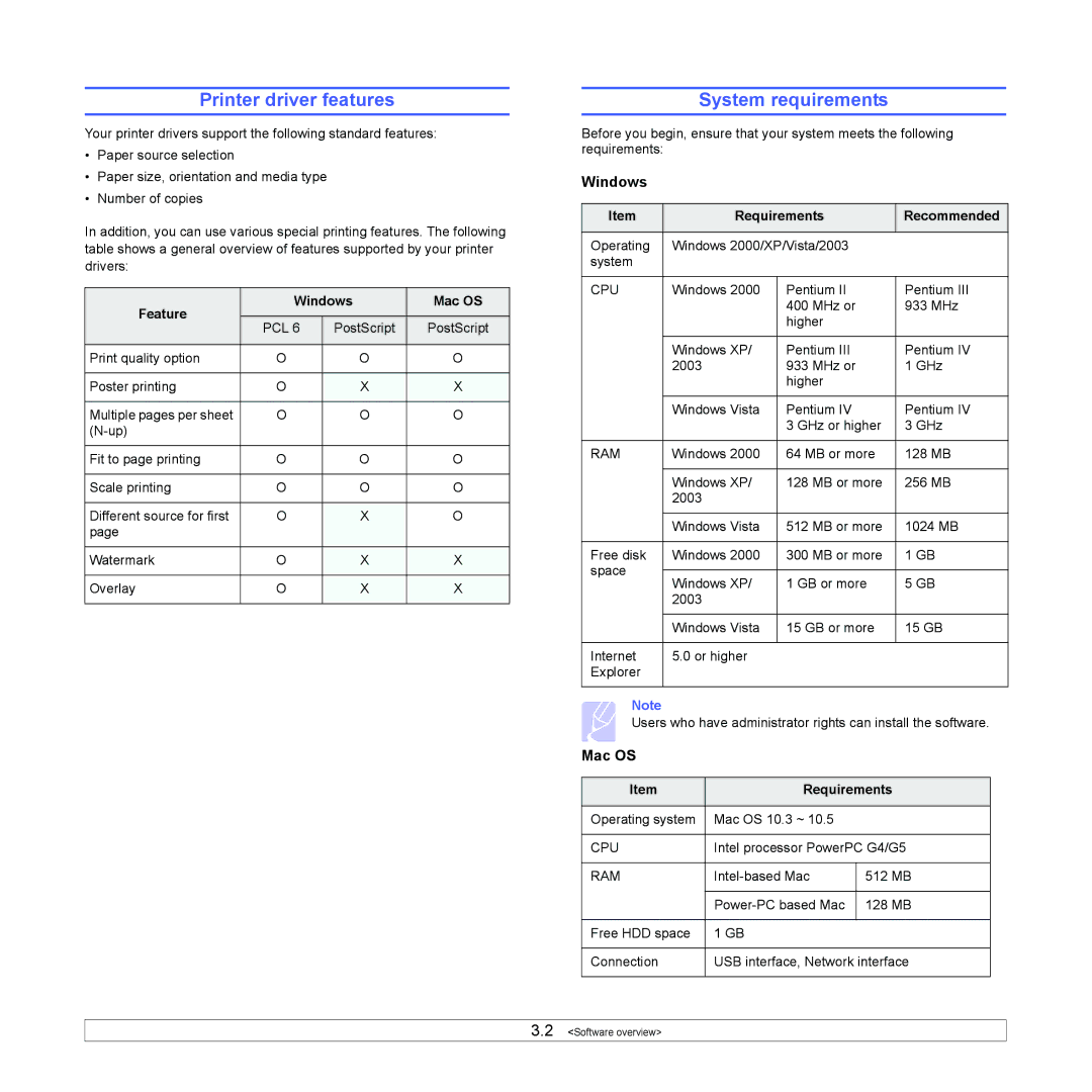 Xerox 3435DN manual Printer driver features, System requirements, Windows, Mac OS 